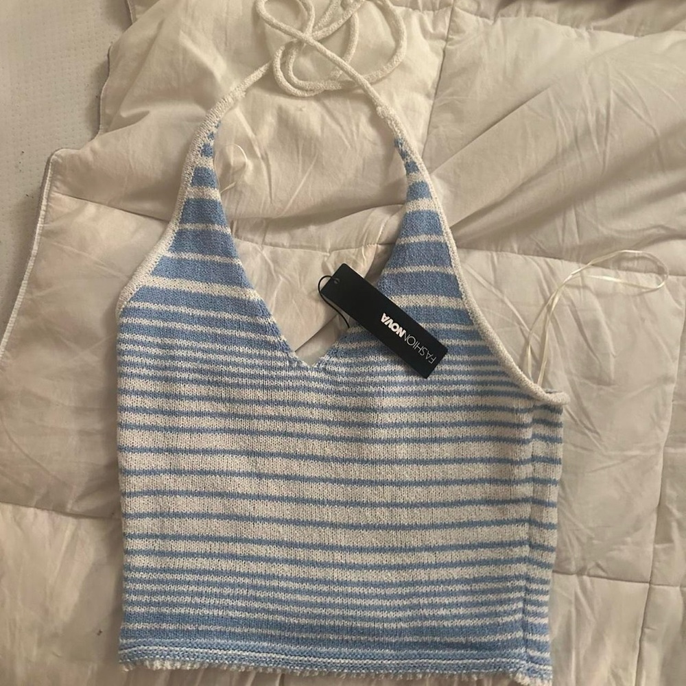 Blue and white striped textured halter top